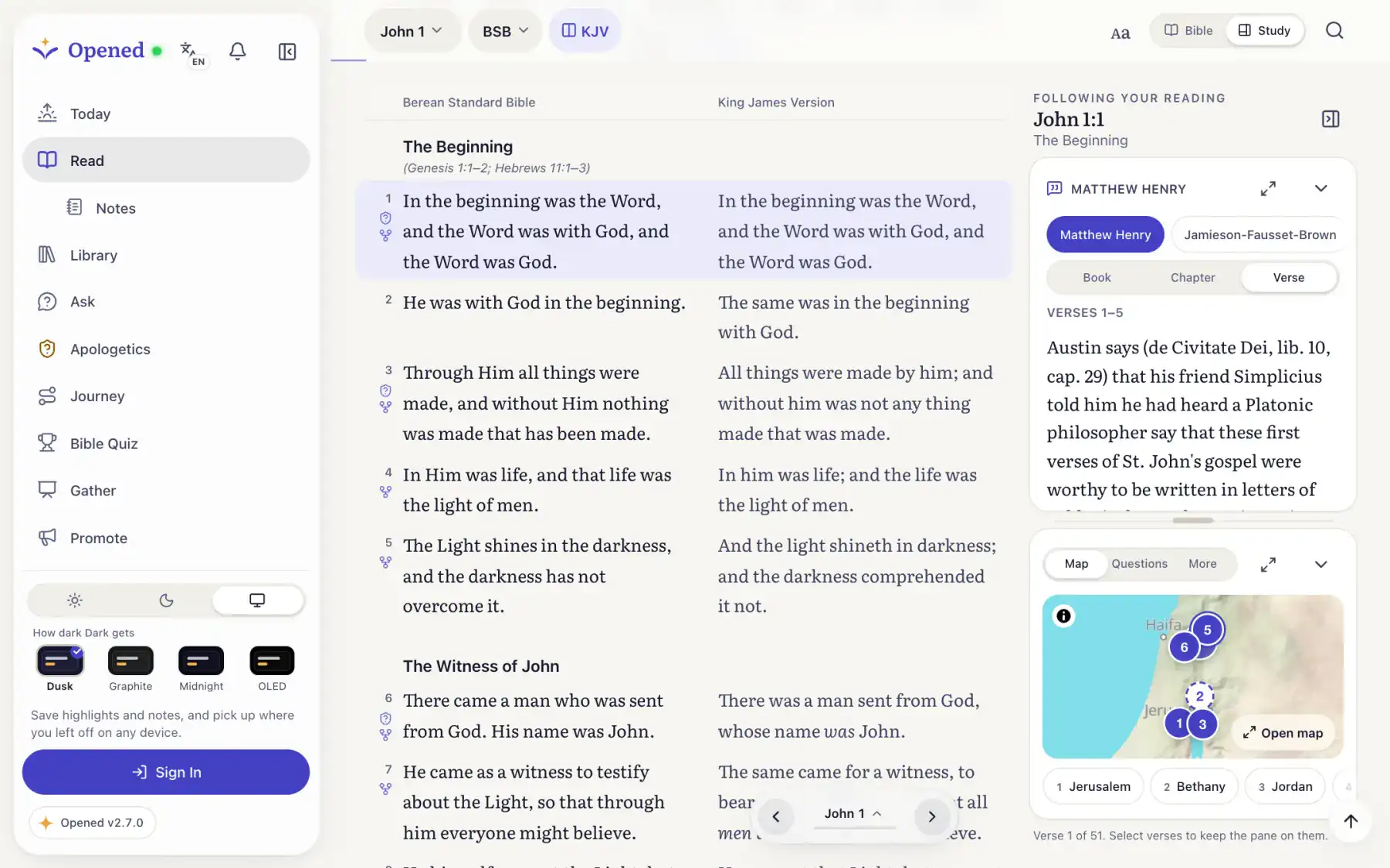 Opened in its own window on a Mac: John 1 in two translations, with the Study pane beside it.